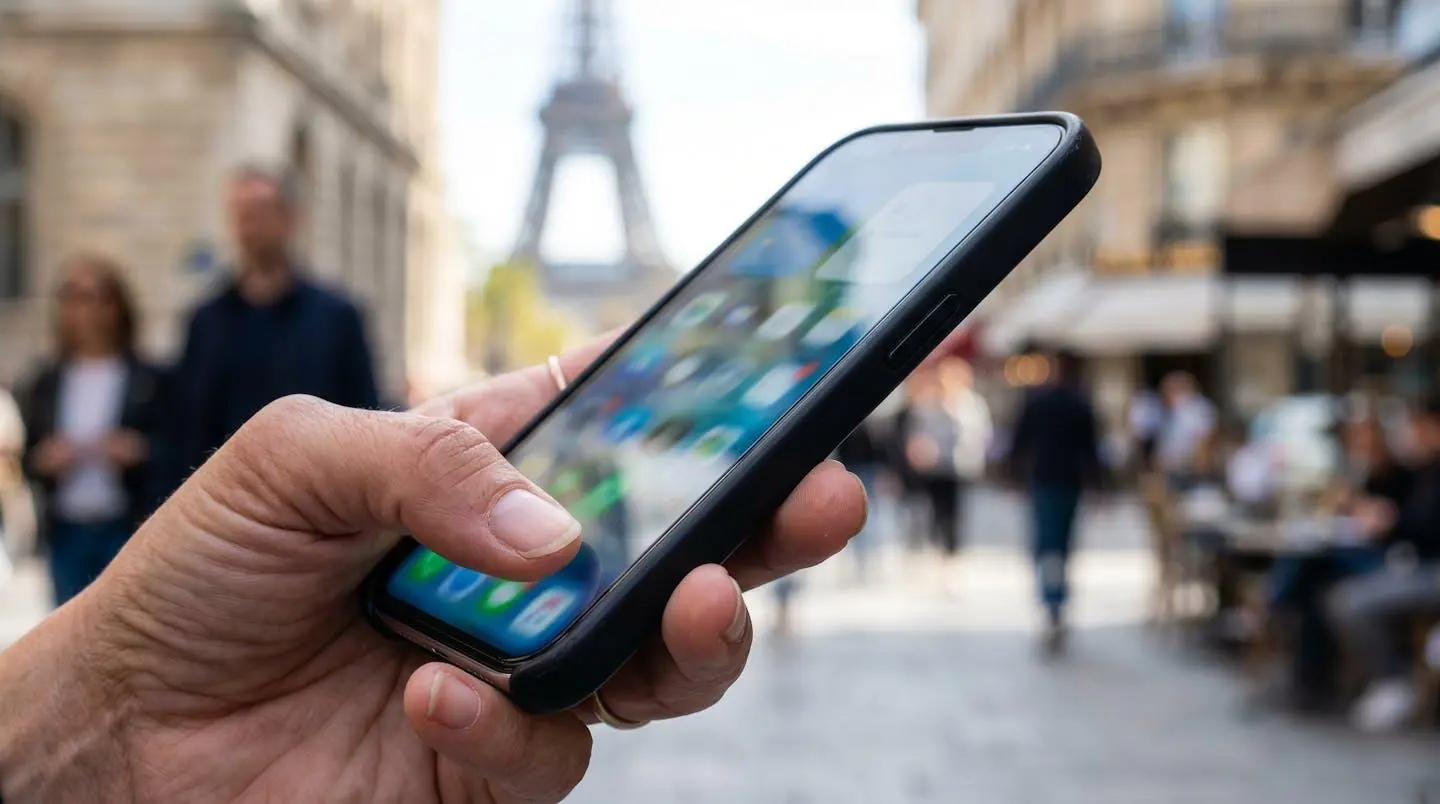 Close-up of a smartphone held in someone's hand outdoors showing a map interface with blurred screen details and soft bokeh Paris background