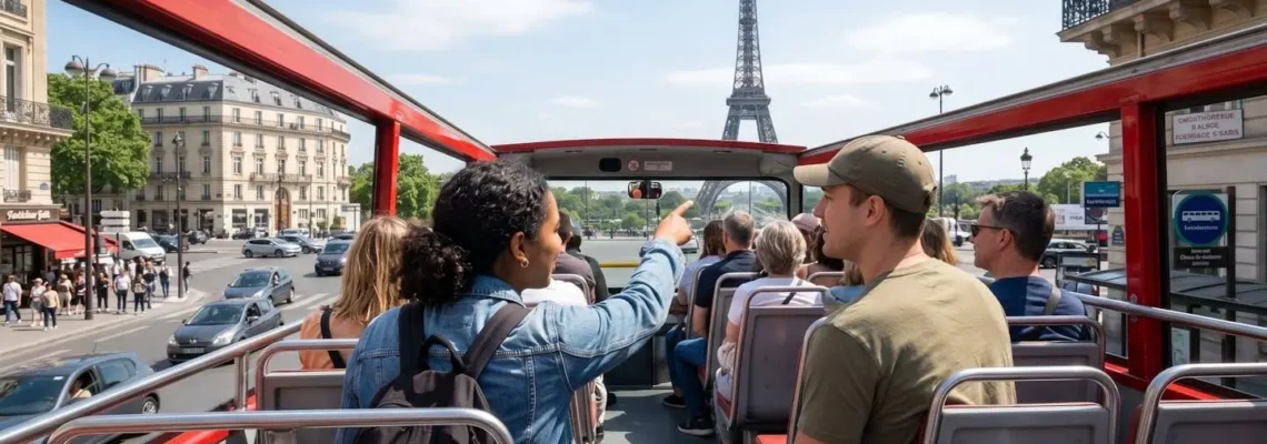 Two tourists on the upper deck of an open-top sightseeing bus pointing toward the Eiffel Tower visible in the background on a bright Paris afternoon
