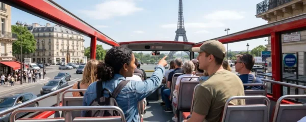 Two tourists on the upper deck of an open-top sightseeing bus pointing toward the Eiffel Tower visible in the background on a bright Paris afternoon