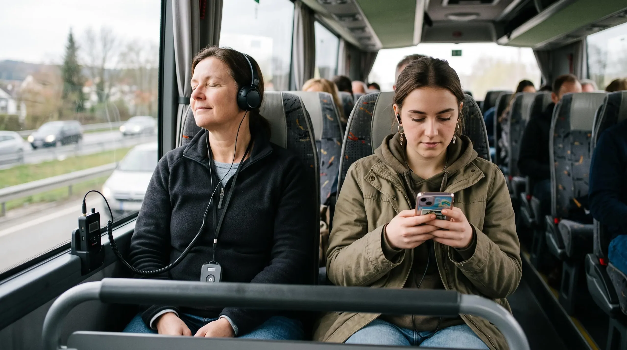 Two passengers on a tour bus, one listening through headphones on a small receiver, the other using a smartphone with earbuds.