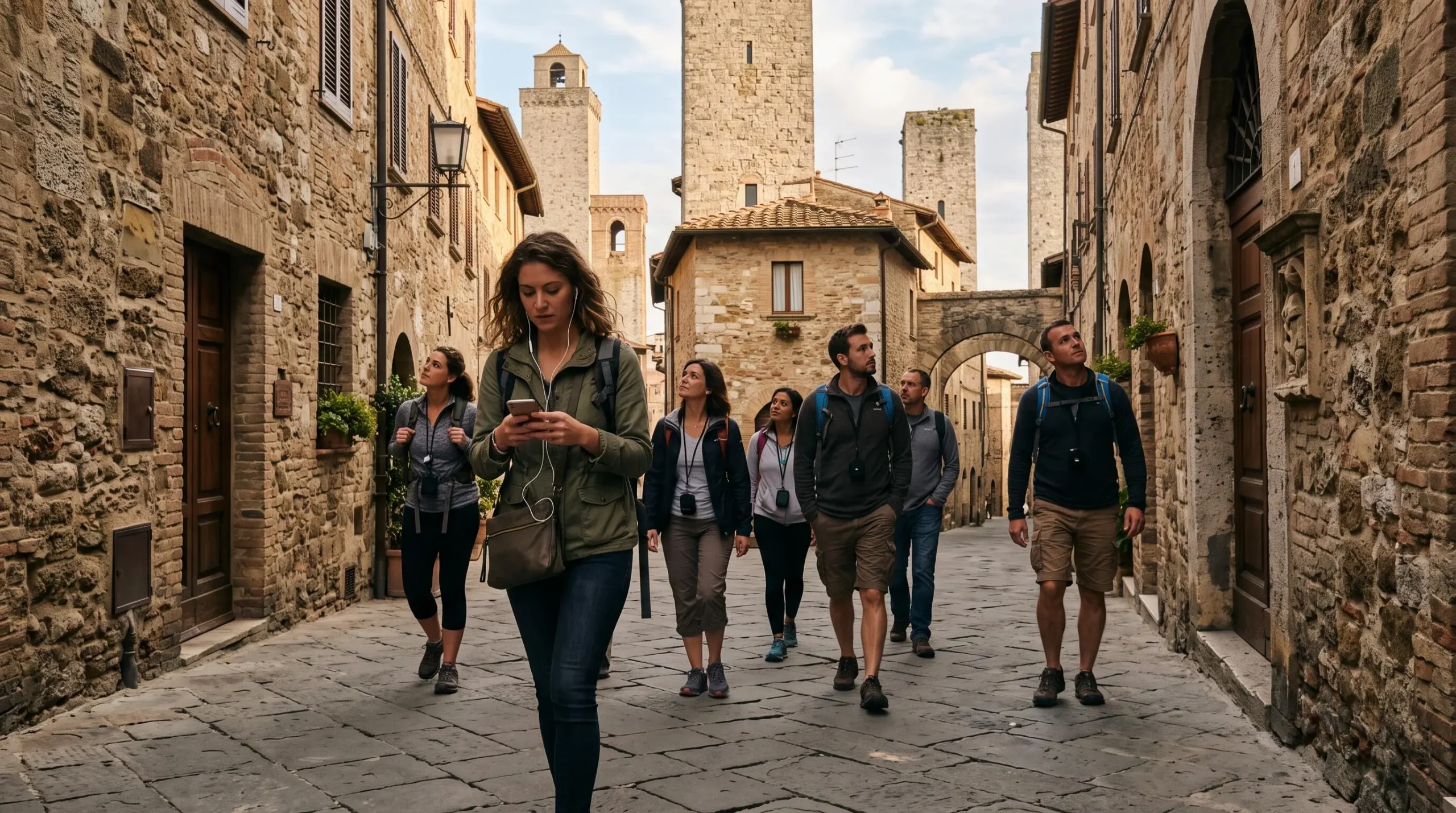 A small group of tourists walking through a medieval stone street in a Tuscan hill town, one consulting a smartphone.