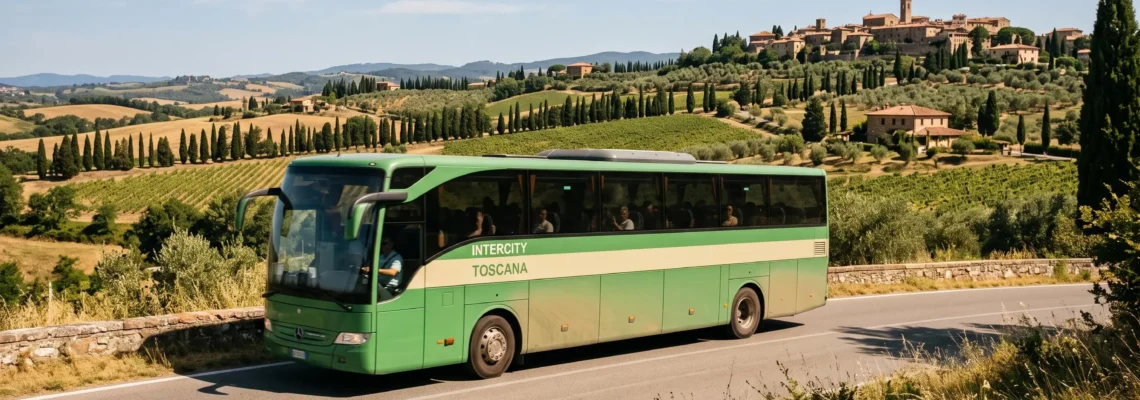 A long-distance coach traveling on a country road through the Tuscan countryside with cypress trees and hills in the background.