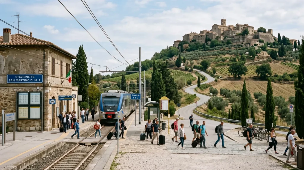 A Tuscan train station in the foreground with a narrow winding road leading up to a hilltop village in the distance.