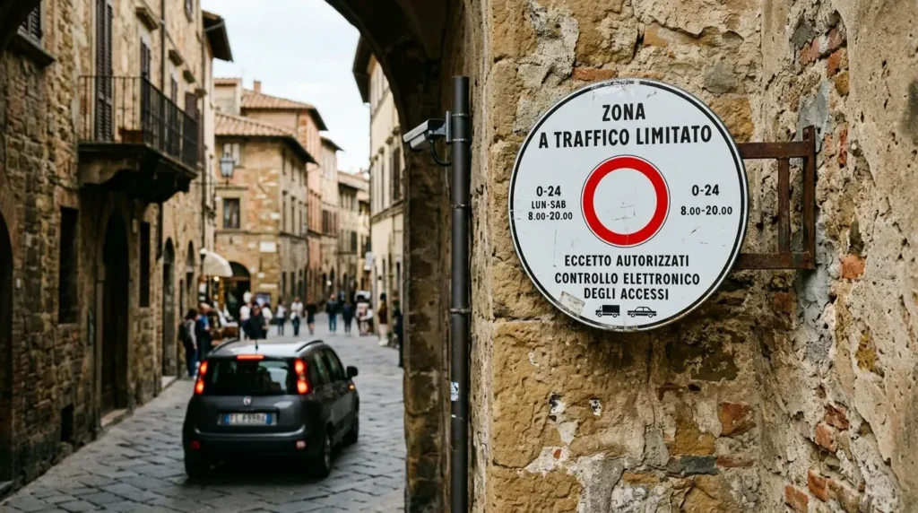 A white circular ZTL restricted-traffic sign on a stone wall at the entrance of a historic Tuscan city center.