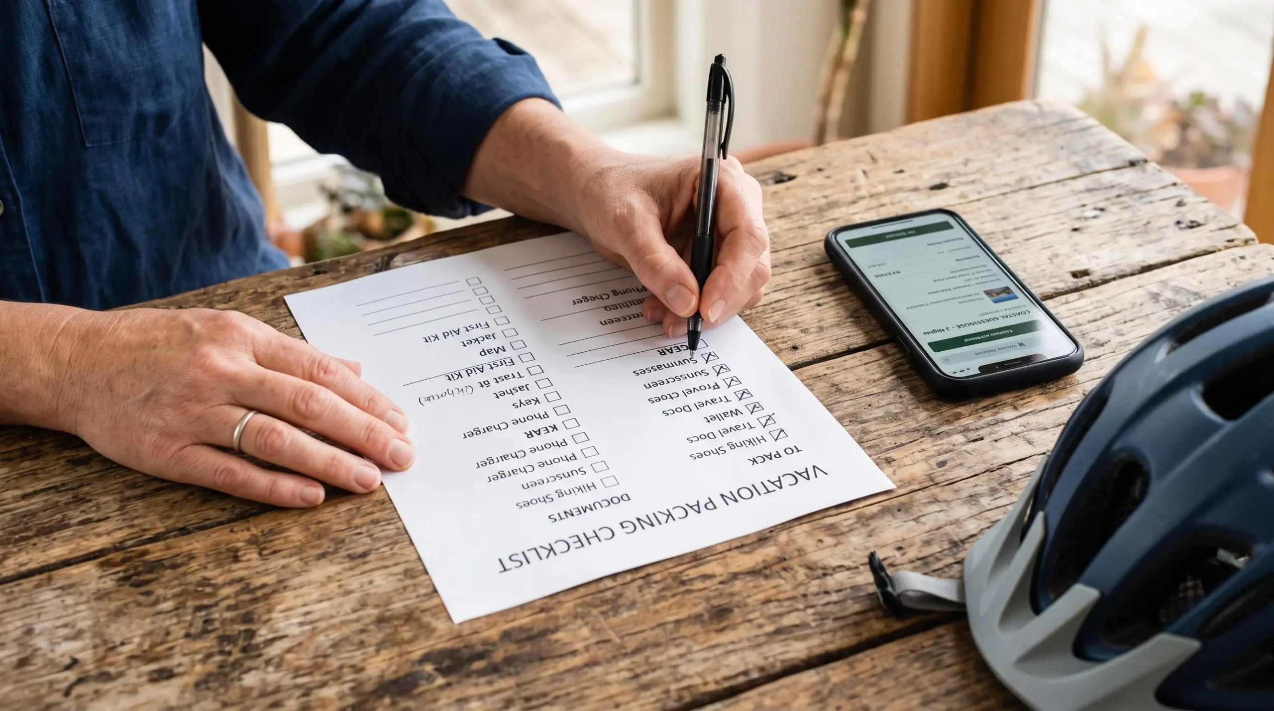 Hands tick boxes on a printed booking checklist next to a smartphone.