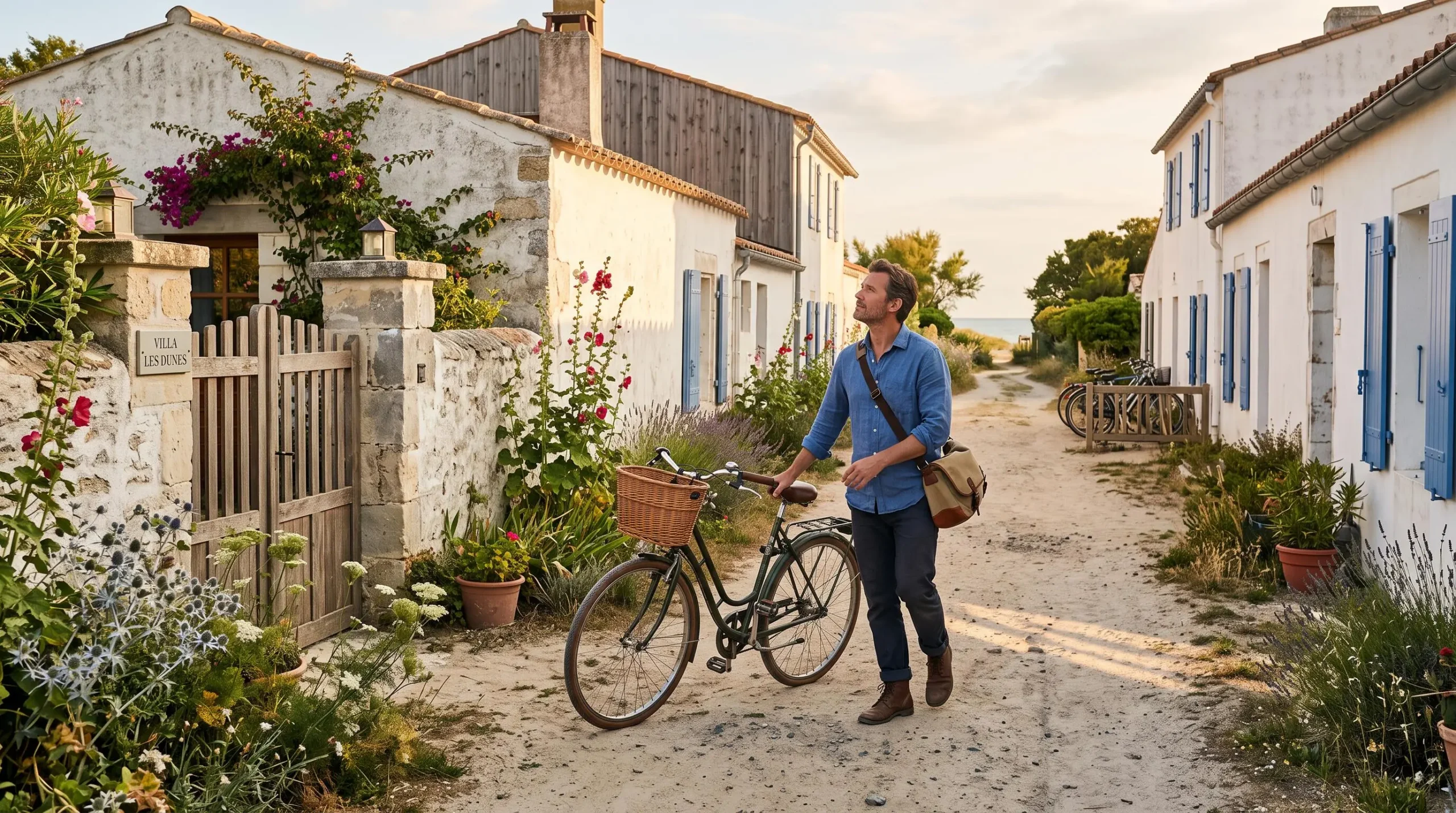 A man walks his bicycle along a lane and studies a villa entrance on Île de Ré.