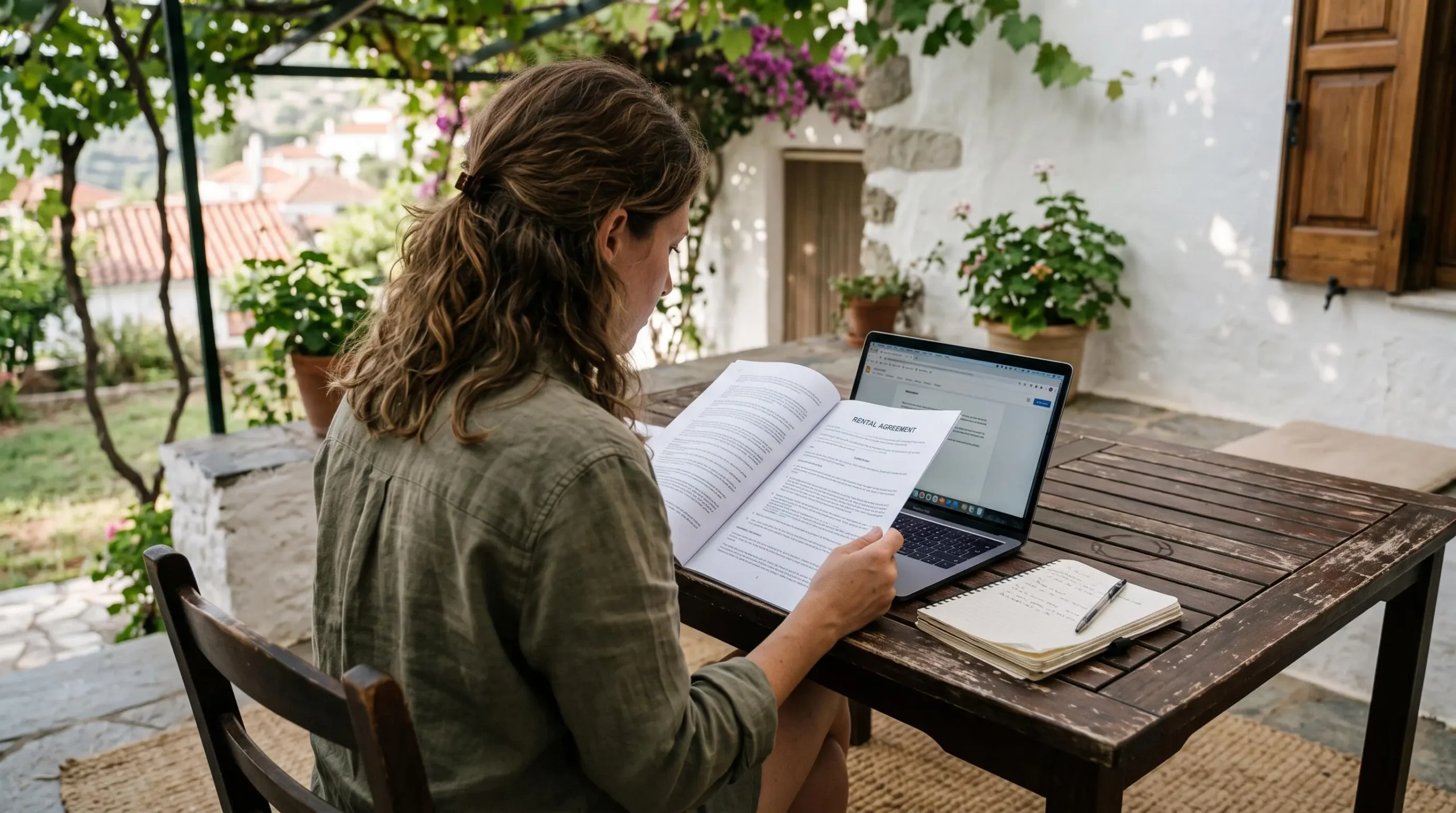 A traveler reads a printed villa rental agreement at a shaded terrace table.